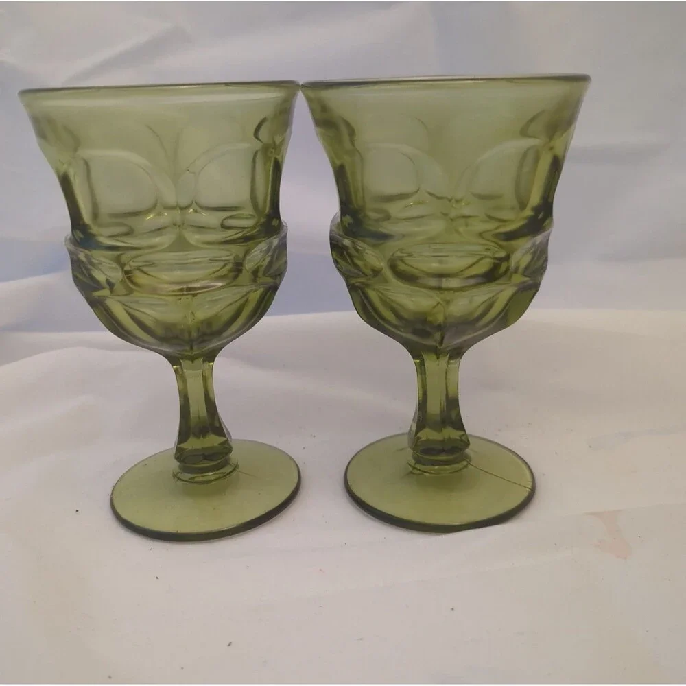 Vintage Fostoria Argus Green Water Goblets Set of 2 Henry Ford Glass 6 1/2